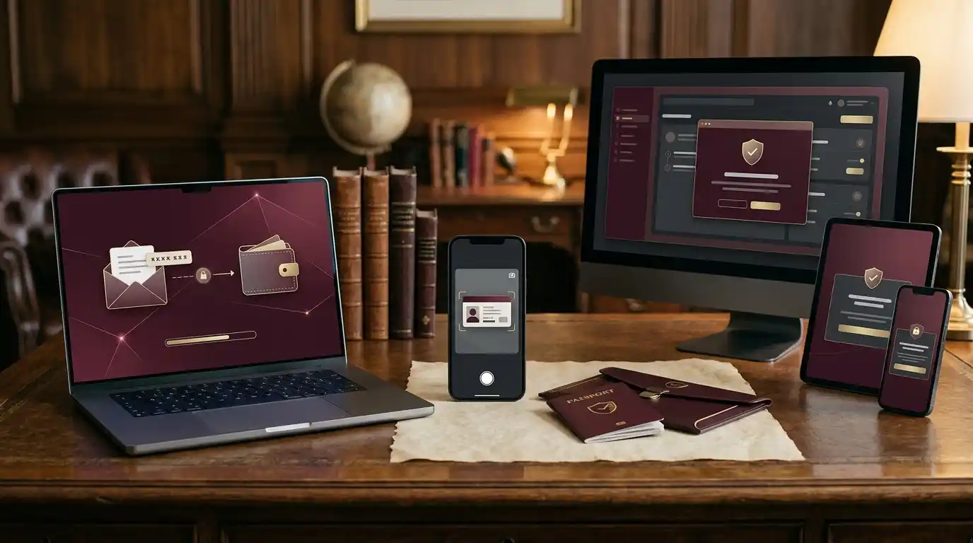 Abstract account setup flow connecting email, crypto wallet and identity document checkpoints across desktop and mobile devices