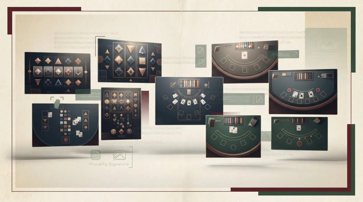 Abstract casino game screens showing slots, table layouts and geometric game boards