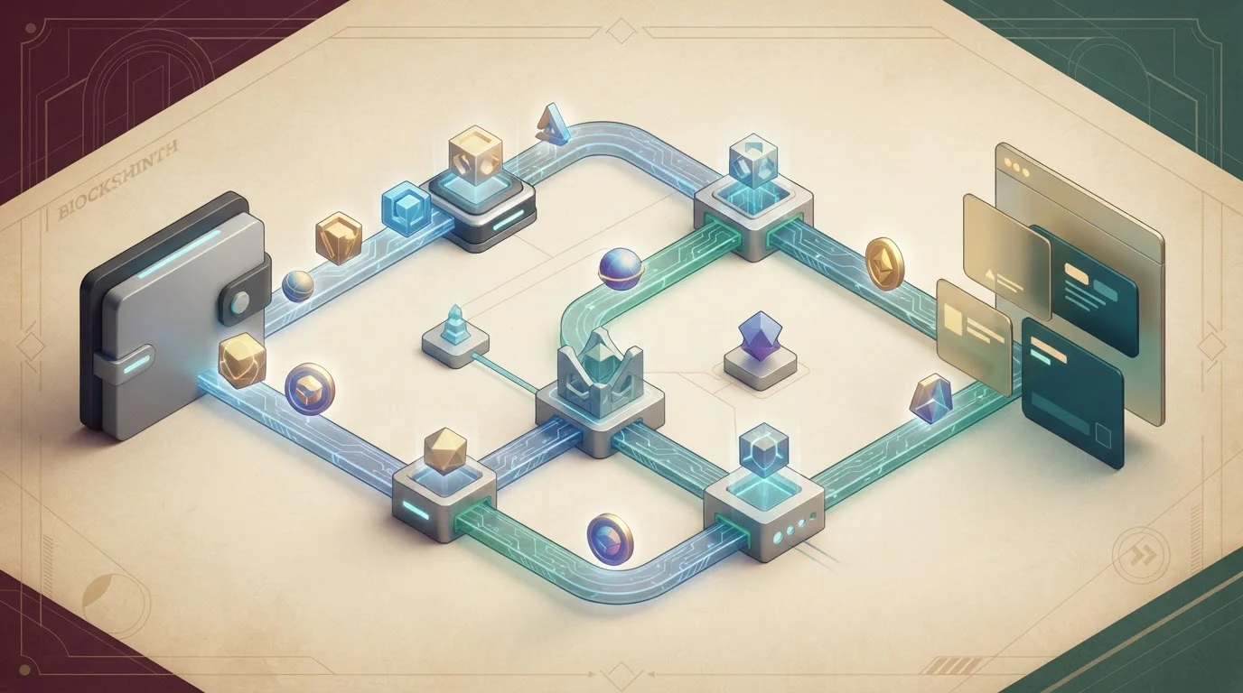Abstract crypto deposit routes moving across several blockchain rails