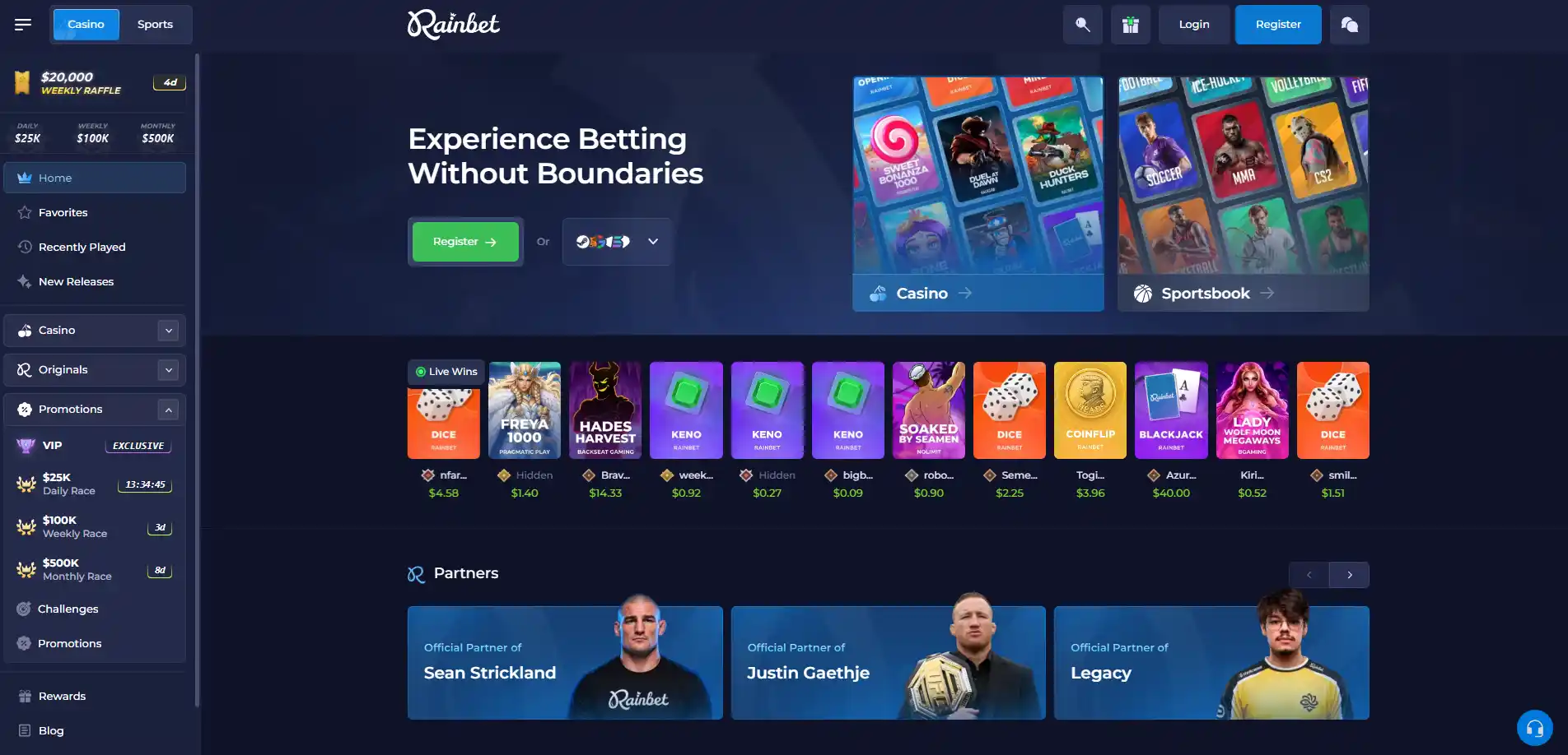 Rainbet homepage with casino navigation and a public game lobby