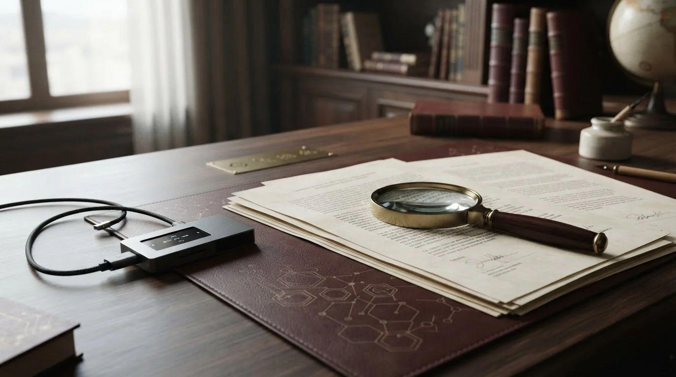 Documents, a magnifying glass and abstract security symbols arranged on a desk