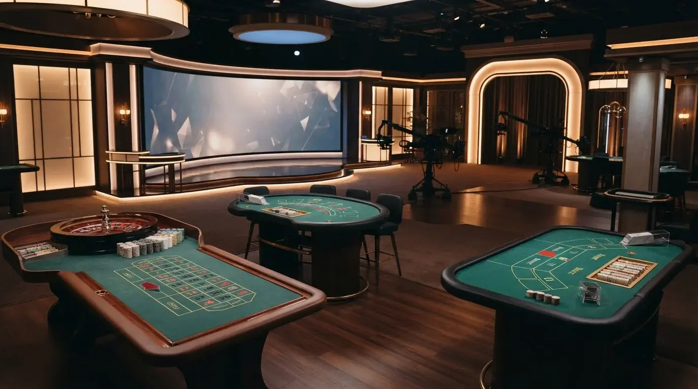 Stylized live casino studio with roulette, card tables and illuminated game-show stages without people