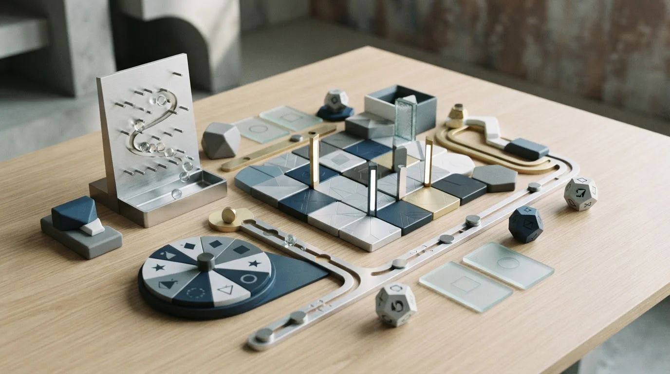 Abstract instant-game boards with geometric paths, dice forms, card shapes and probability motifs