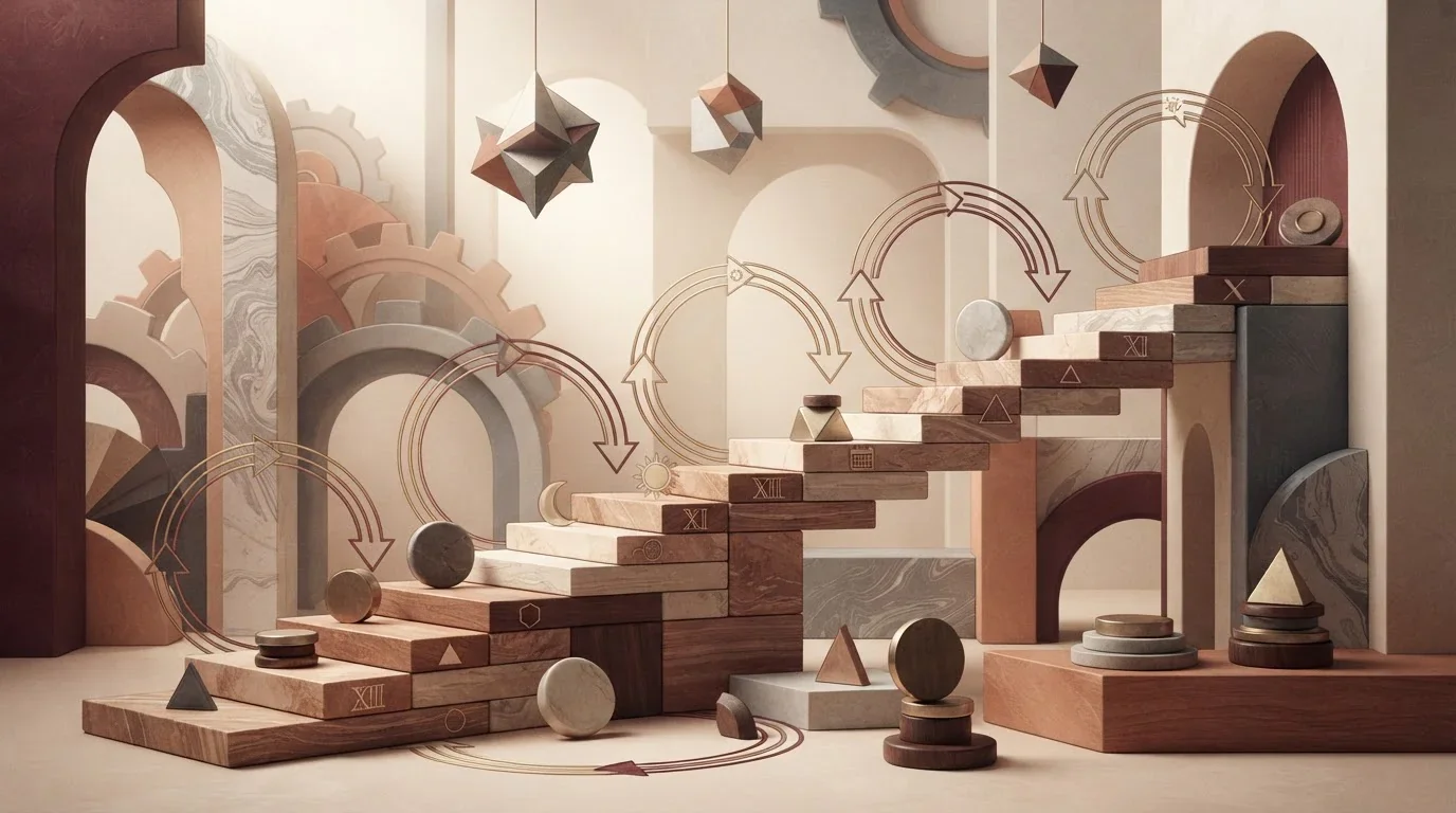 Abstract loyalty progression with stepped levels, rebate loops and recurring reward markers